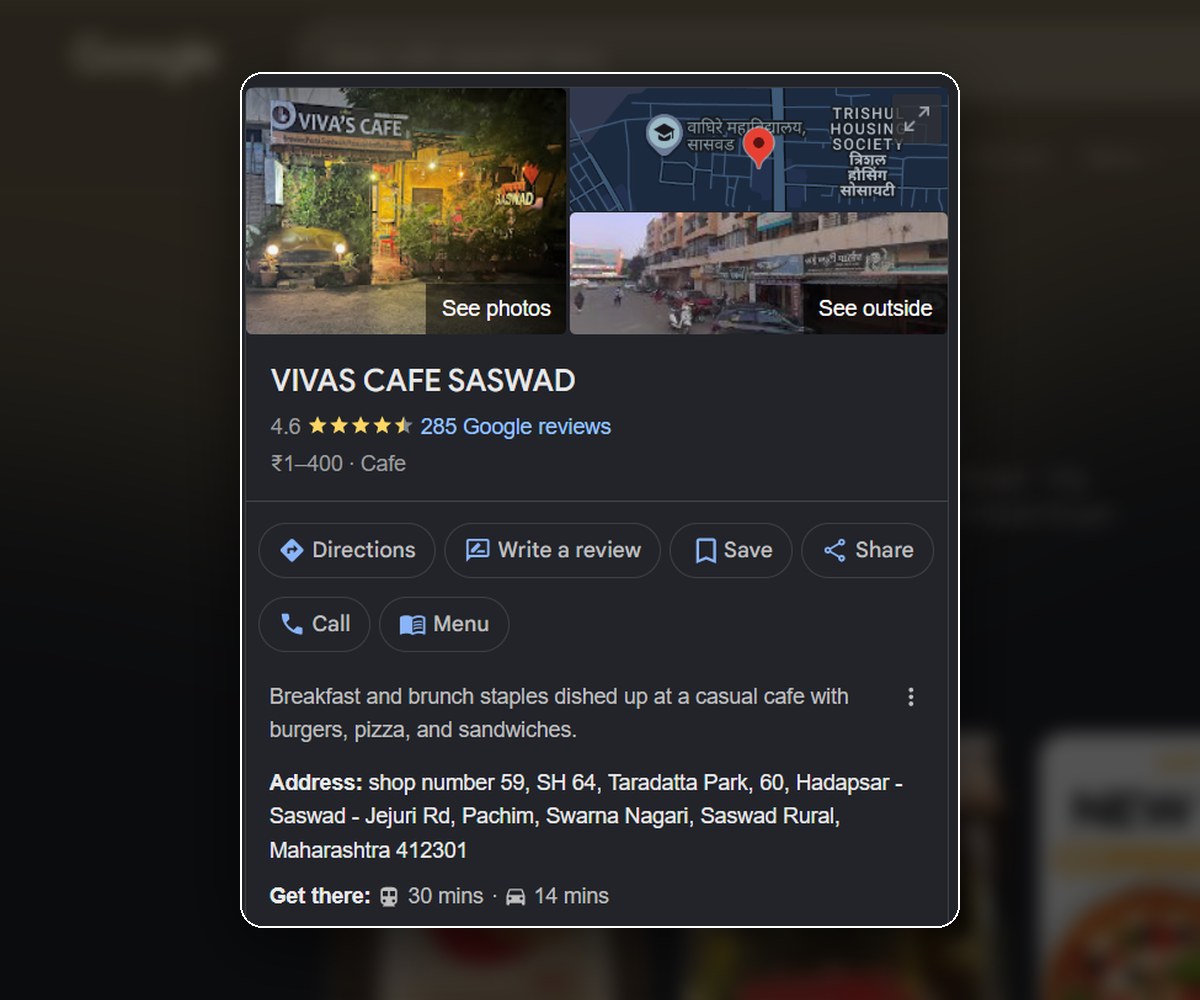 Google search result showing Viva's Cafe Saswad Google Business Profile with a 4.6 star rating and 285 Google reviews