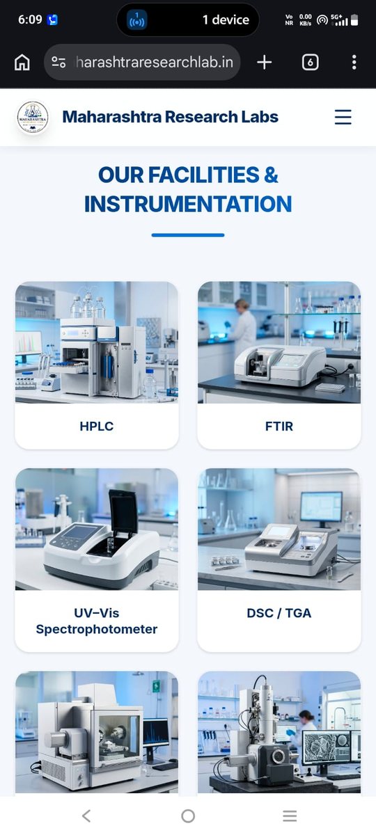 Maharashtra Research Labs instrumentation page on mobile