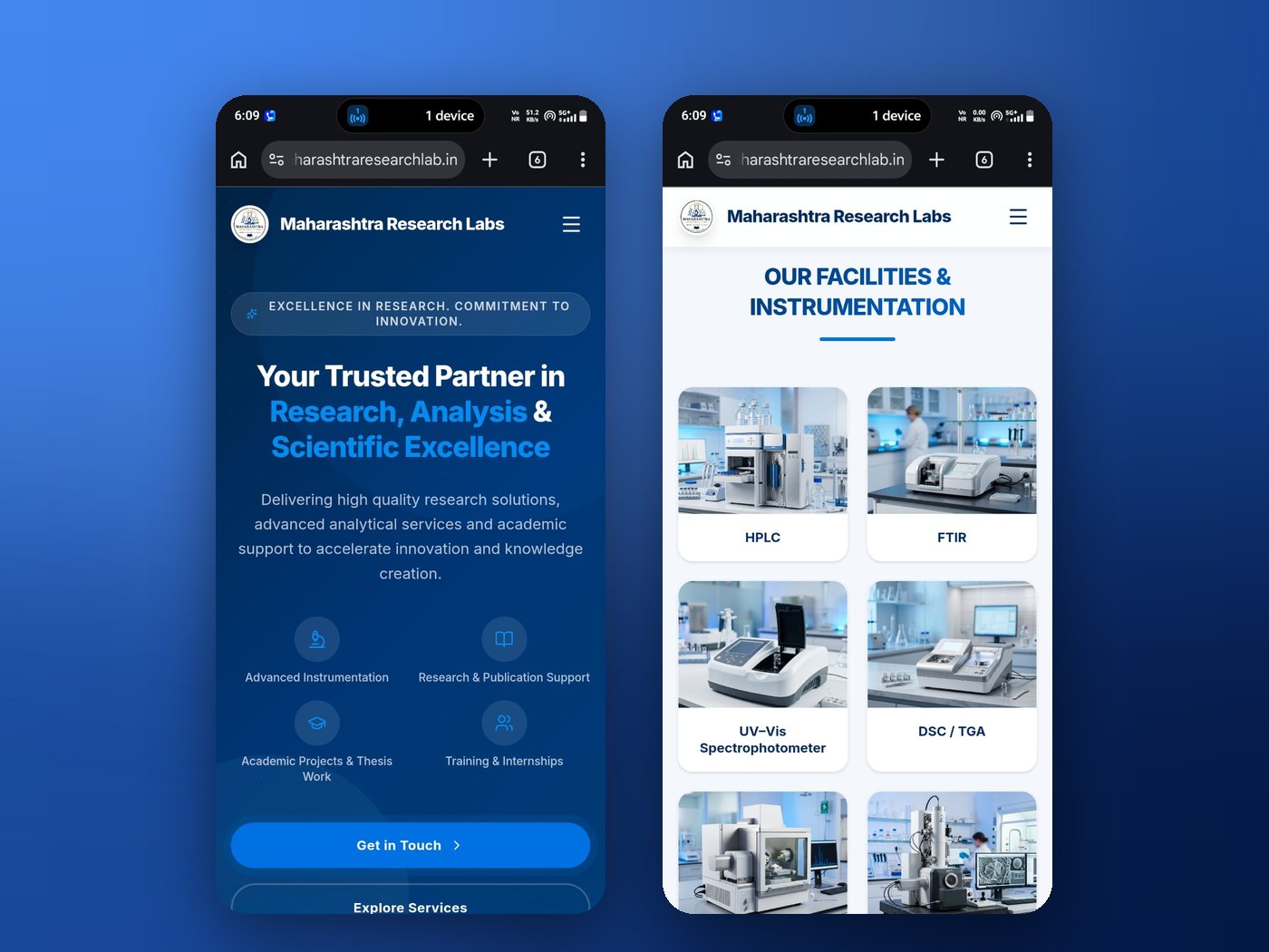 Maharashtra Research Labs website built by Nishi's Solution, shown on two mobile screens