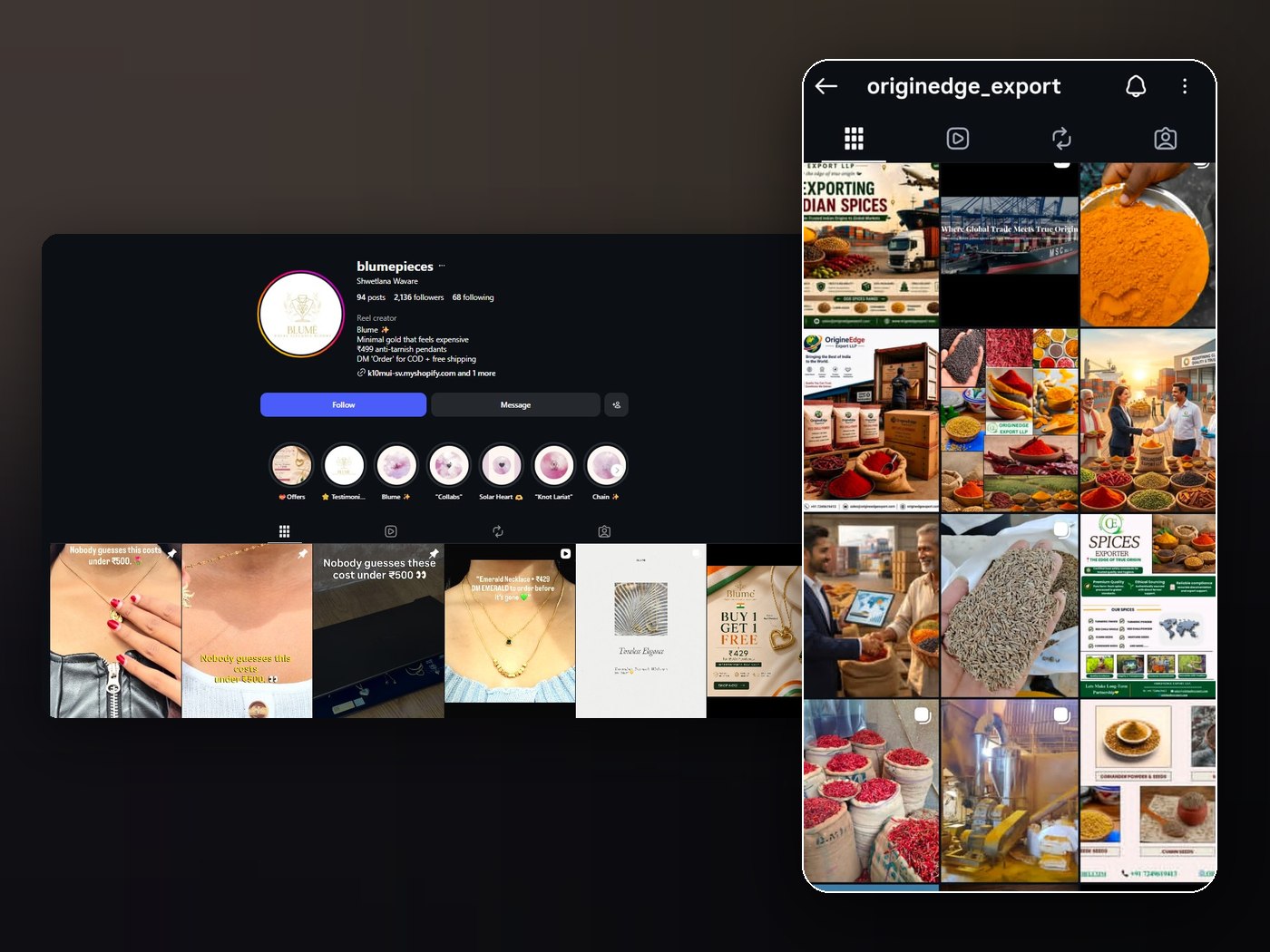 Instagram profiles of BlumePieces and OriginEdge Export managed by Nishi's Solution — branded grids, reels, offer creatives and story highlights
