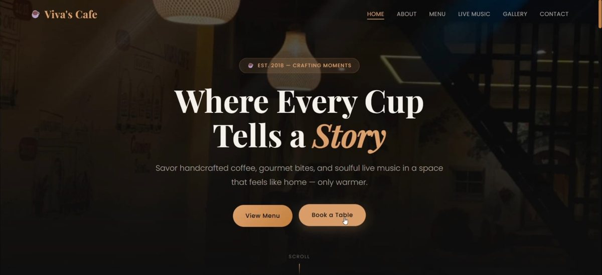 Viva's Cafe website homepage